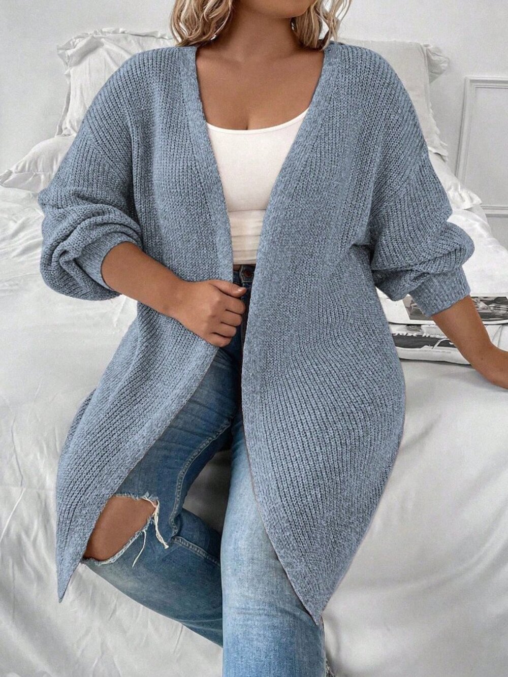 Blue Casual Women's Plus Size Loose Dropped Shoulder Long Sleeve Cardigan